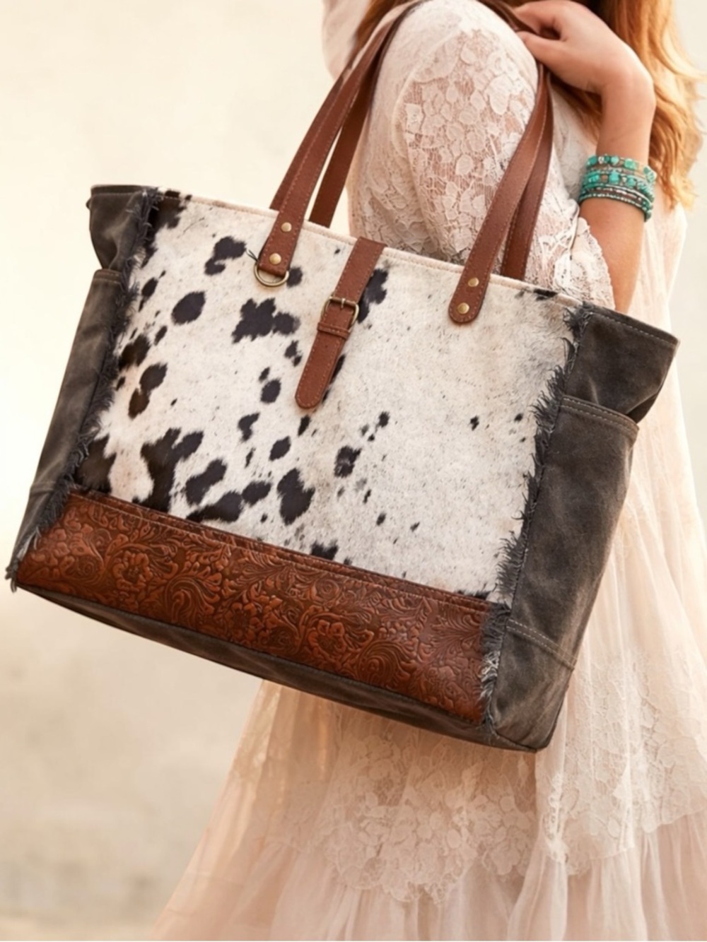 Myra Cowhide Weekender Bag Western Leather Duffel Travel Carry On Boho Cowgirl